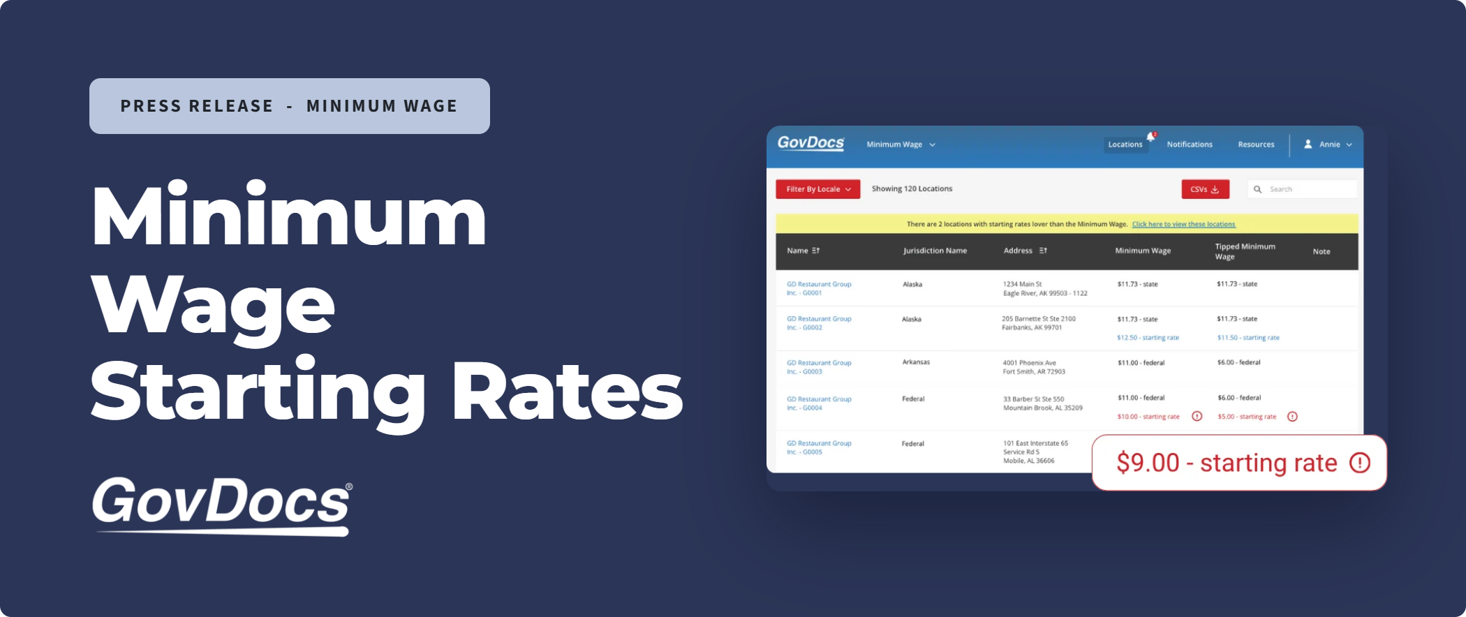 Minimum Wage Starting Rates Banner Showing GovDocs Dashboard