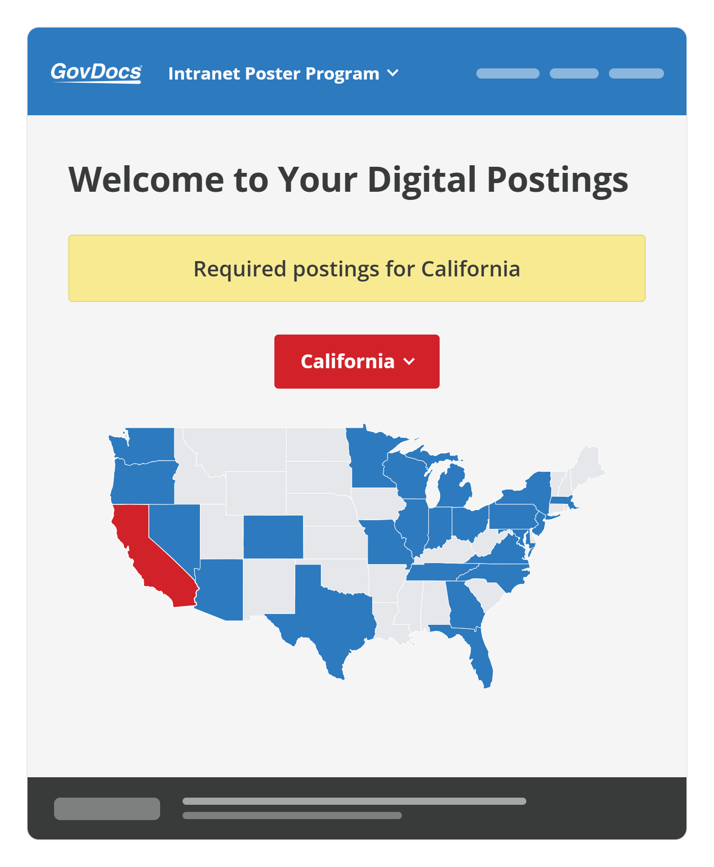 GovDocs Intranet Poster Program welcome screen showing state-level postings