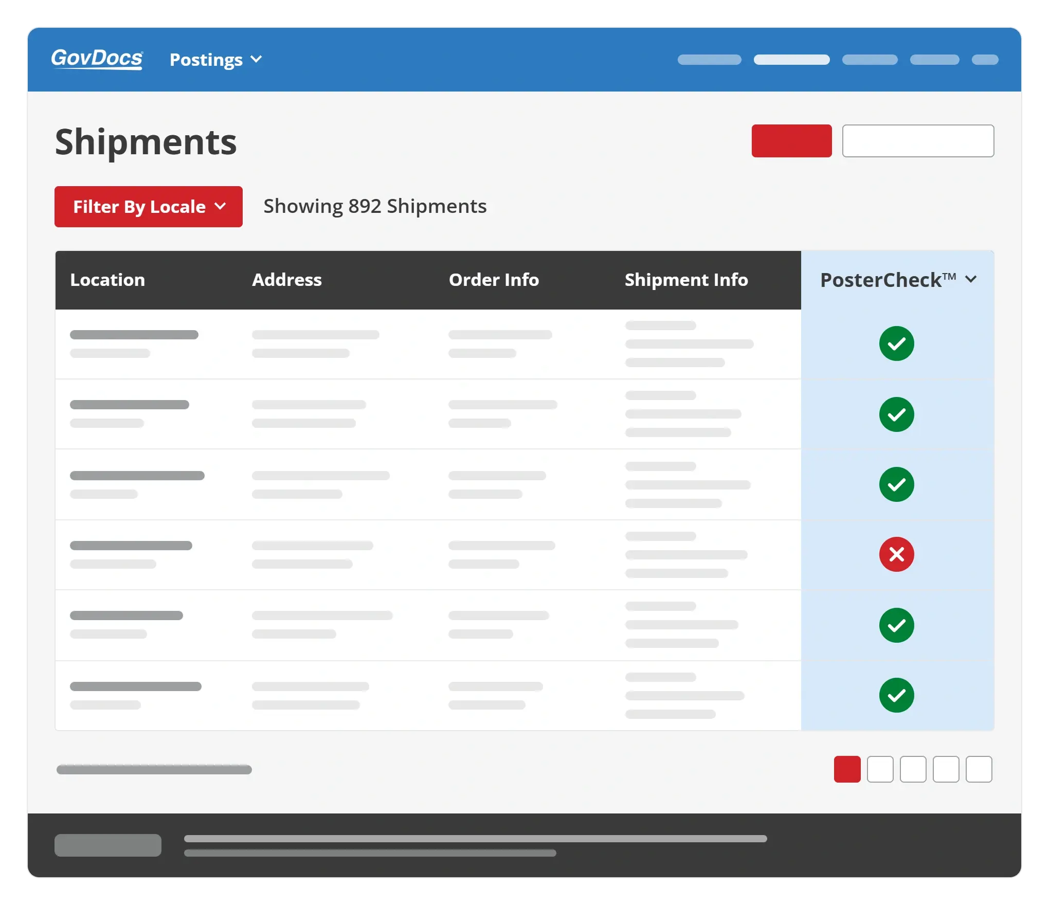 Shipments screenshot showing PosterCheck™ status