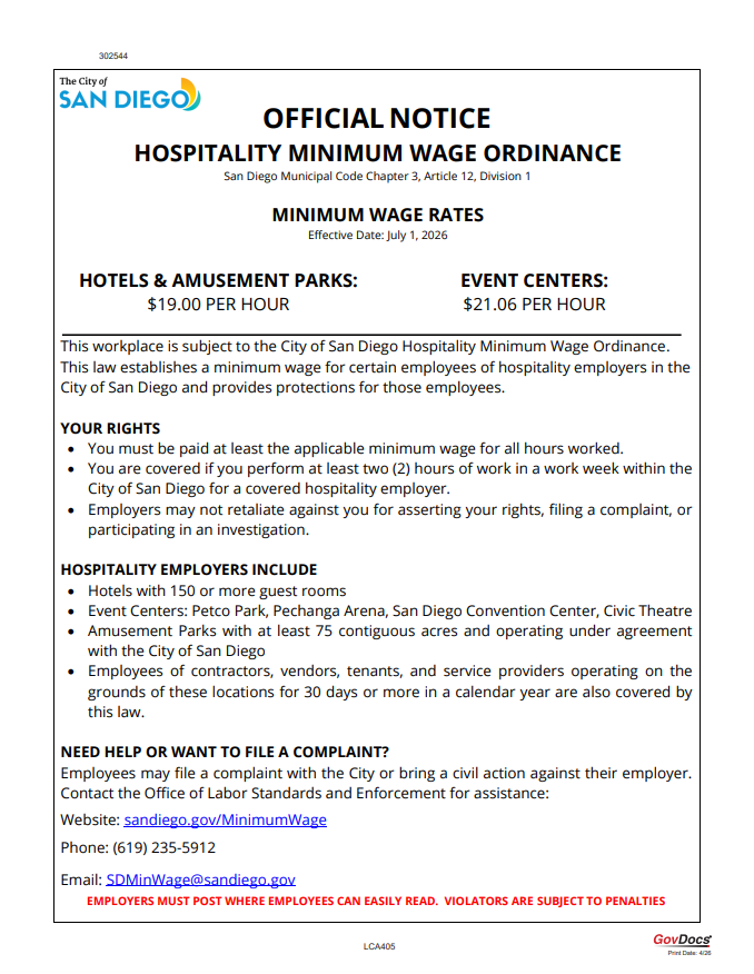 San Diego Hospitality Minimum Wage poster