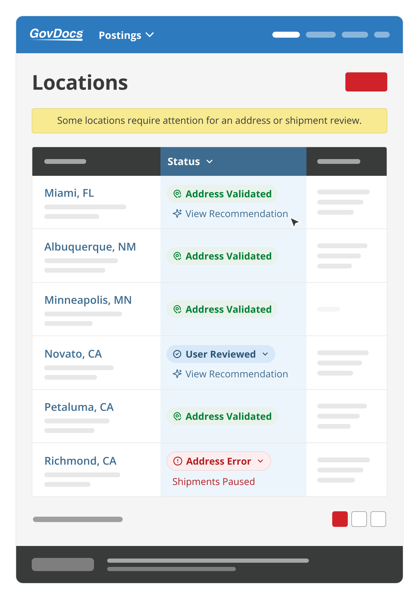GovDocs Locations screen showing each location's address status, including Address Validated, User Reviewed, and an Address Error with shipments paused