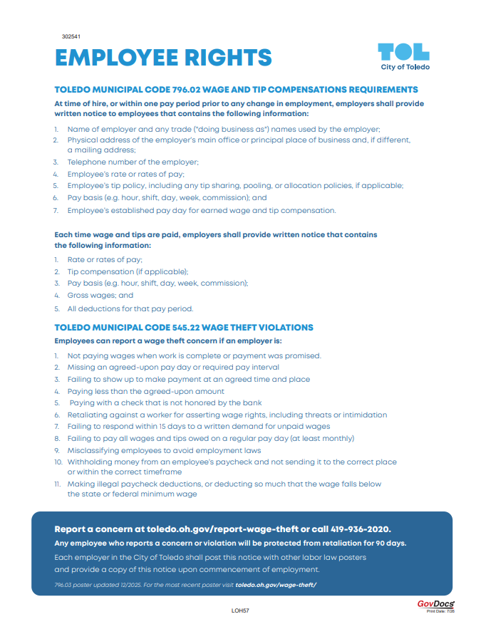 Toledo Employee Rights poster