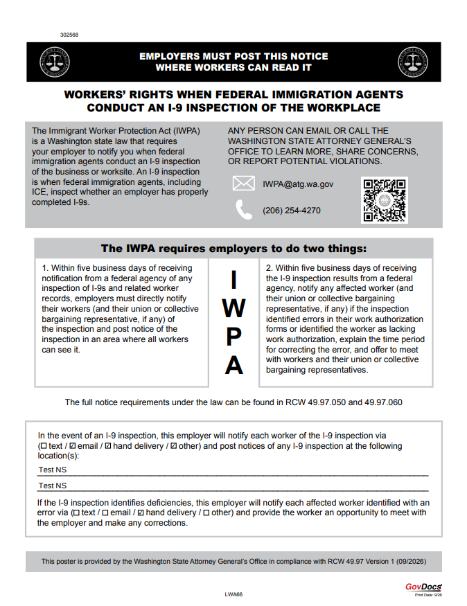 Washington I-9 Inspection poster